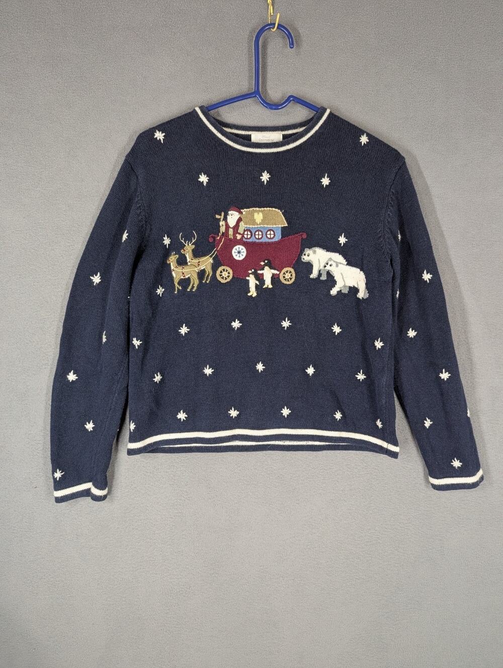 Christopher & Banks Christmas Sweater Medium Navy Blue Embroidered Santa Claus M